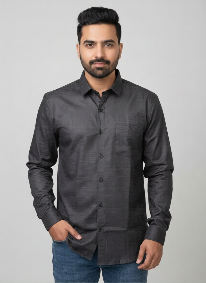 Men's Textured Charcoal Black Full Sleeve Casual Shirt