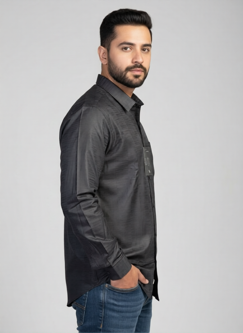 Men's Textured Charcoal Black Full Sleeve Casual Shirt view 3