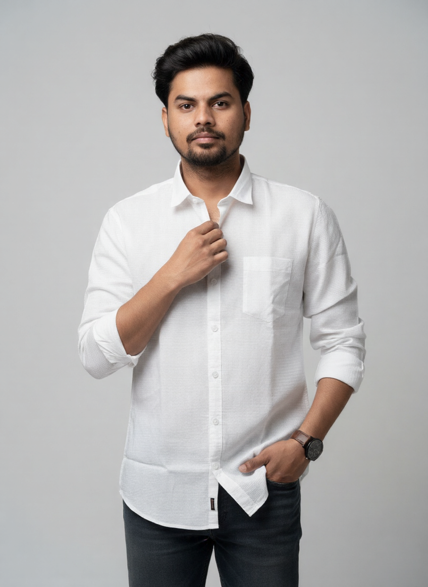 Premium White Textured Linen Full Sleeve Shirt