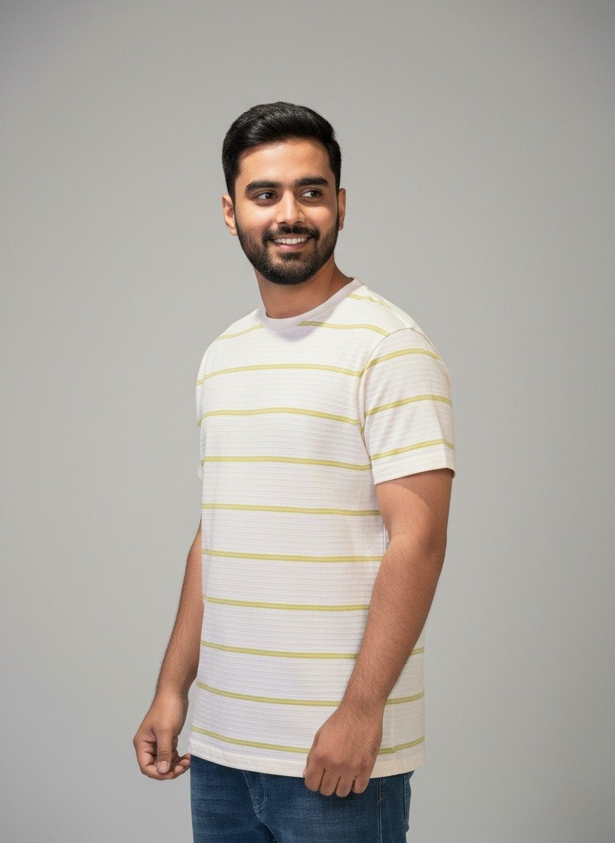 Men's Off-White & Olive Striped Cotton T-Shirt view 2