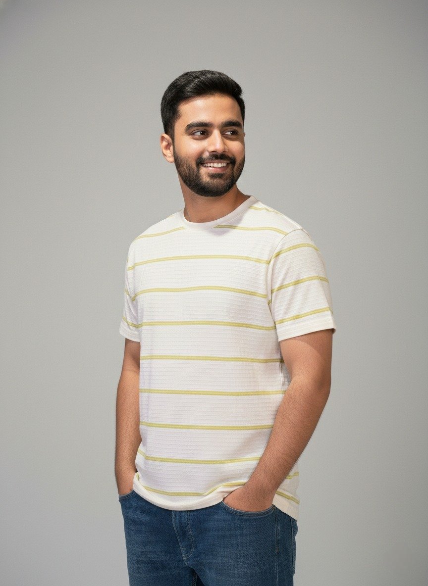Men's Off-White & Olive Striped Cotton T-Shirt