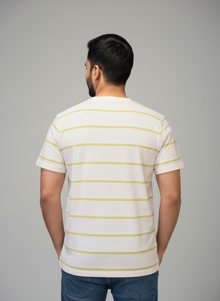 Men's Off-White & Olive Striped Cotton T-Shirt view 3