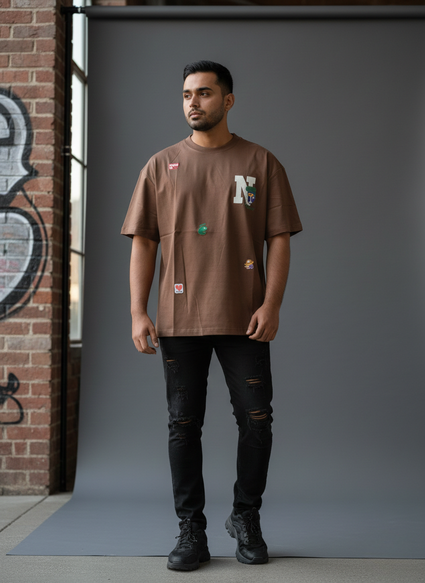 Men's Brown Oversized Patchwork Graphic T-Shirt view 2