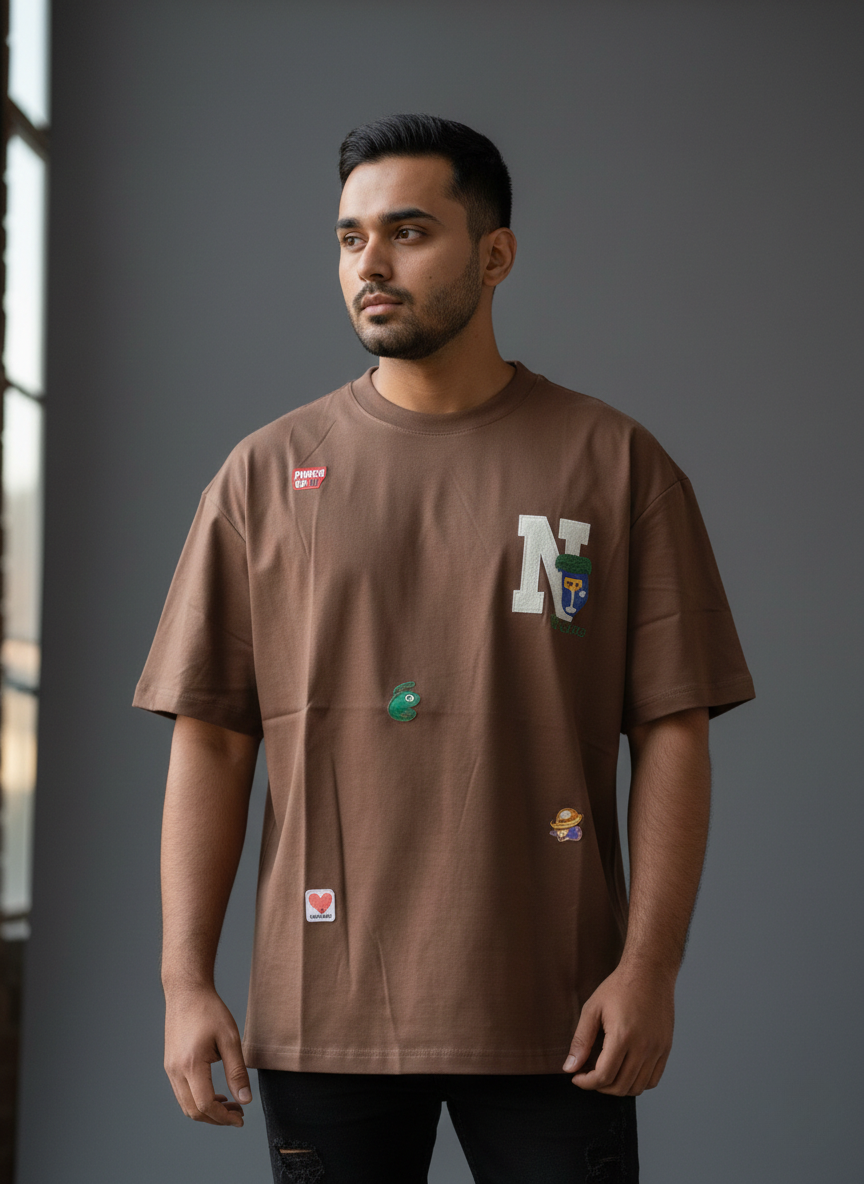 Men's Brown Oversized Patchwork Graphic T-Shirt