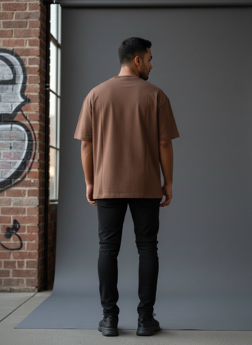 Men's Brown Oversized Patchwork Graphic T-Shirt view 3